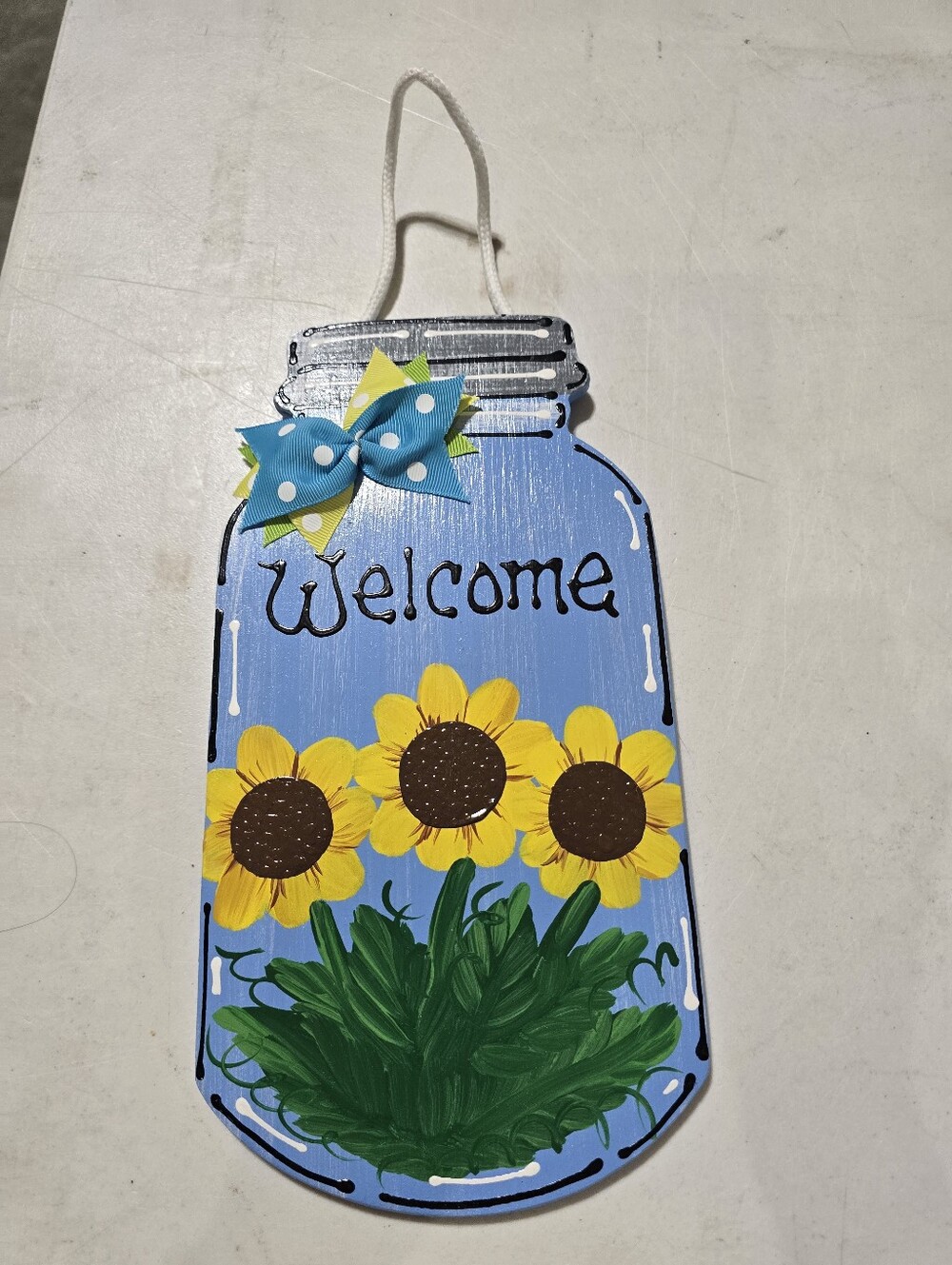 Welcome Sunflower Mason Jar Door Hanger - Blue
